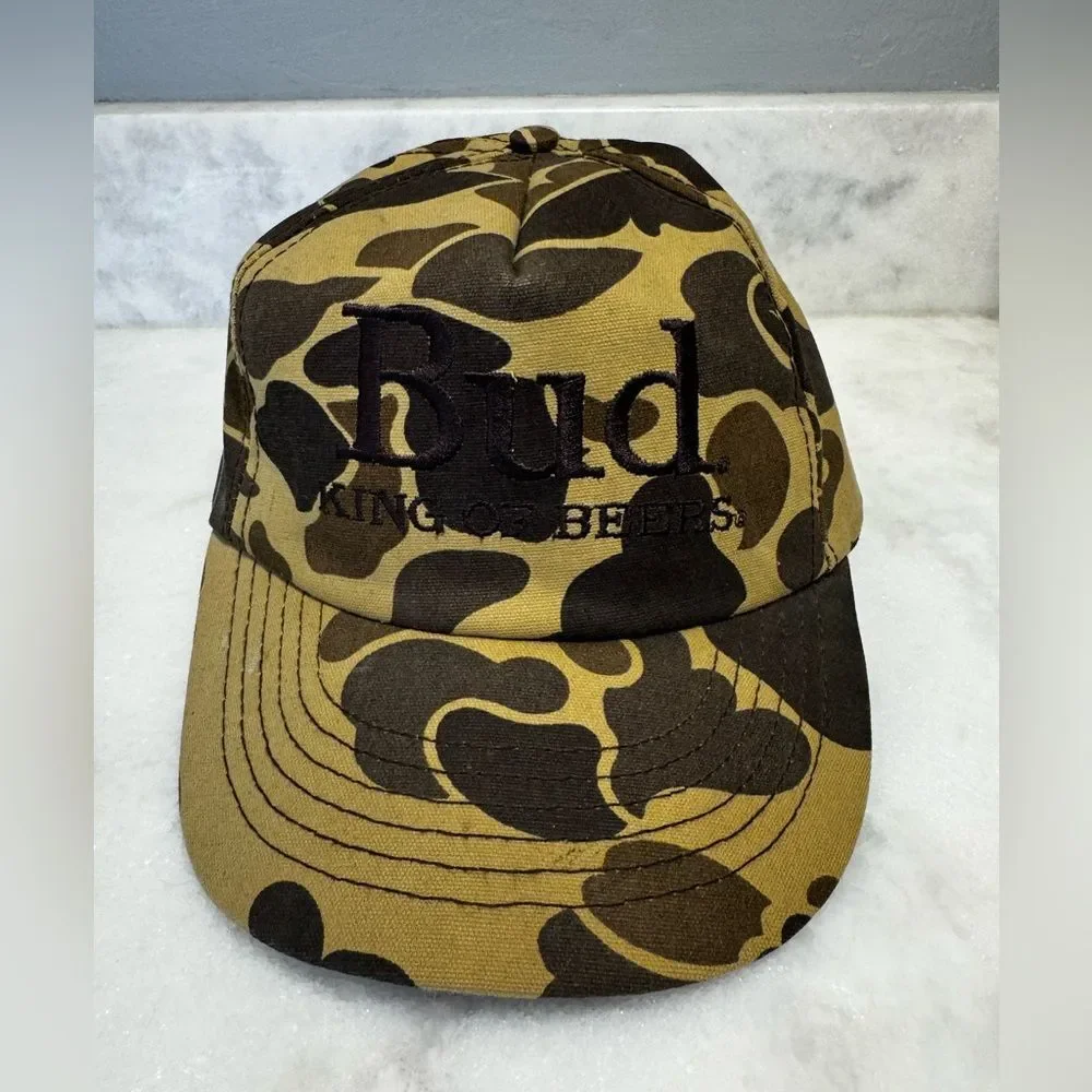 Vintage Bud King Of Beers Hat Cap Mens Snapback Brown Camouflage Made in USA 80s